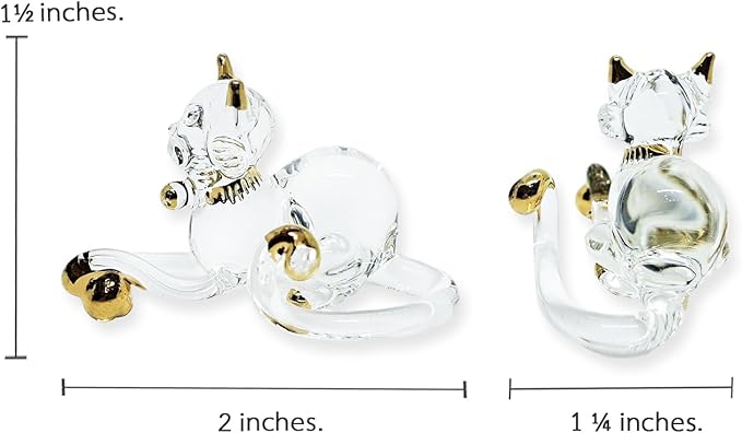 Tiny 2" Clear Gold Crouching Play Ball Cat Figurine Miniature Hand Blown Painted Glass Cats Kitten Feline Animals Cute Crystal Decorative Collectible Figurines Décor Gifts