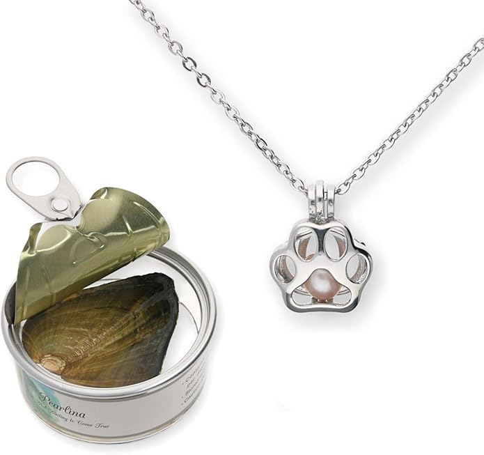 Pearlina Paw Print Cultured Pearl in Oyster Necklace Set Silver-tone Pendant w/Stainless Steel Chain 18"