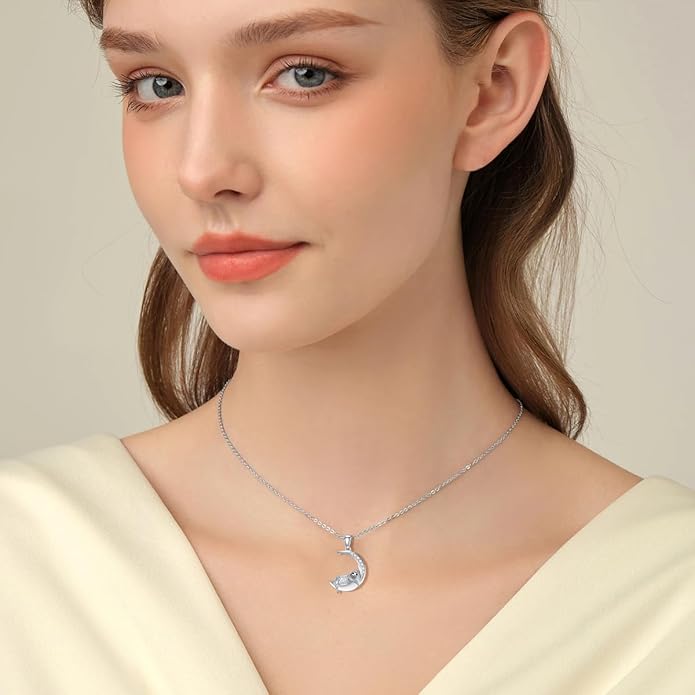 Diamond Black Cat/Red Panda/Sloth/Deer/Unicorn Necklace for Women 925 Sterling Silver Sleeping Animal and Moon Pendant with Lab Grown Diamonds Jewelry Gifts