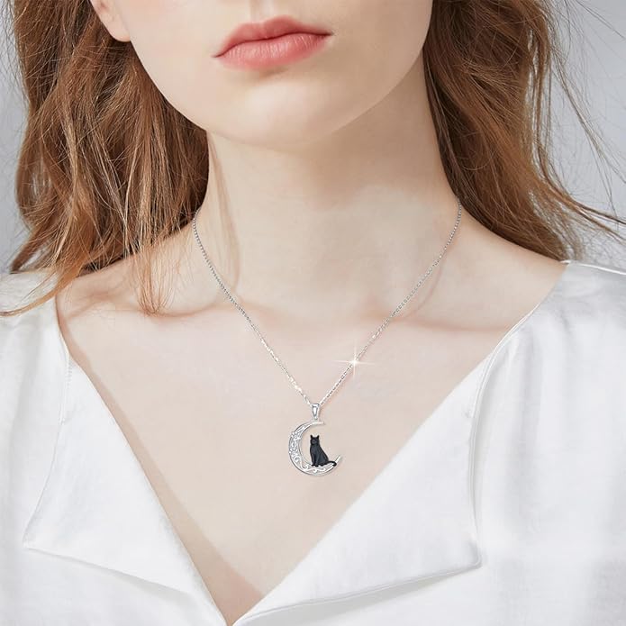 Diamond Black Cat Necklace for Women 925 Sterling Silver Cat on Moon Necklace Pendant Black Cat Jewelry Gifts for Women Mom Wife Girlfriend Daughter Girls
