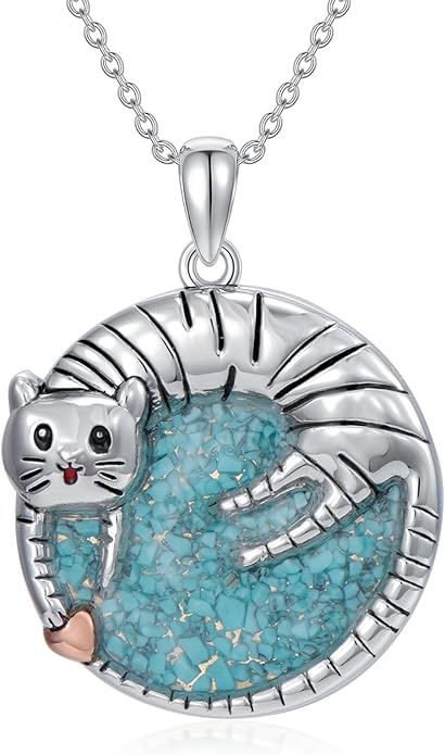 Cat Necklace for Women Turquoise Chip Cat Pendant Round Cat Necklace Jewelry Gifts for Mom Cat Lover