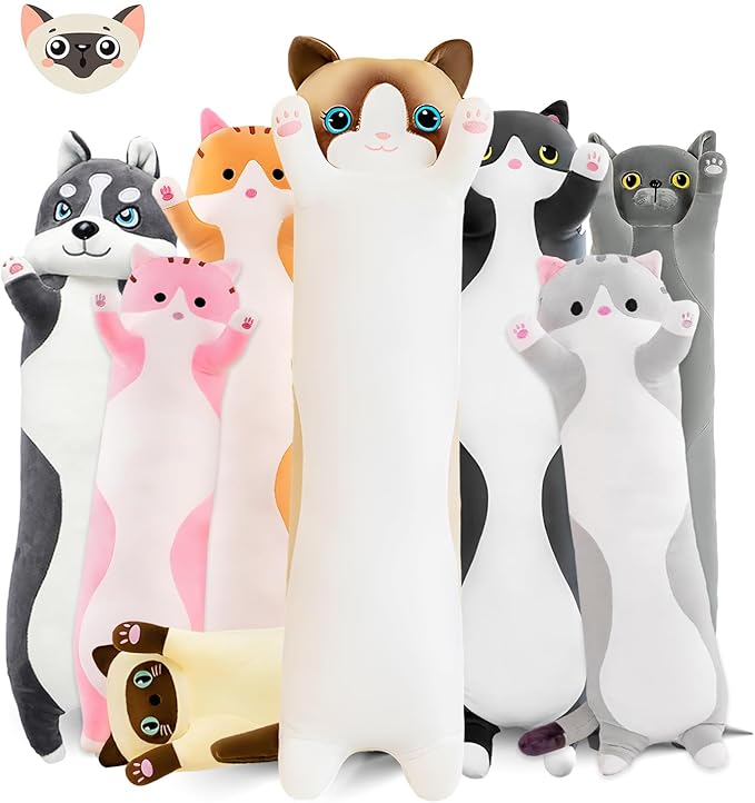 Long Cat Plush Pillow, 27.6in Cute White Cat Plushie Stuffed Animals Body Pillow, Kawaii Kitten Soft Plushie Doll Toy Birthday Gift for Kids Girlfriend