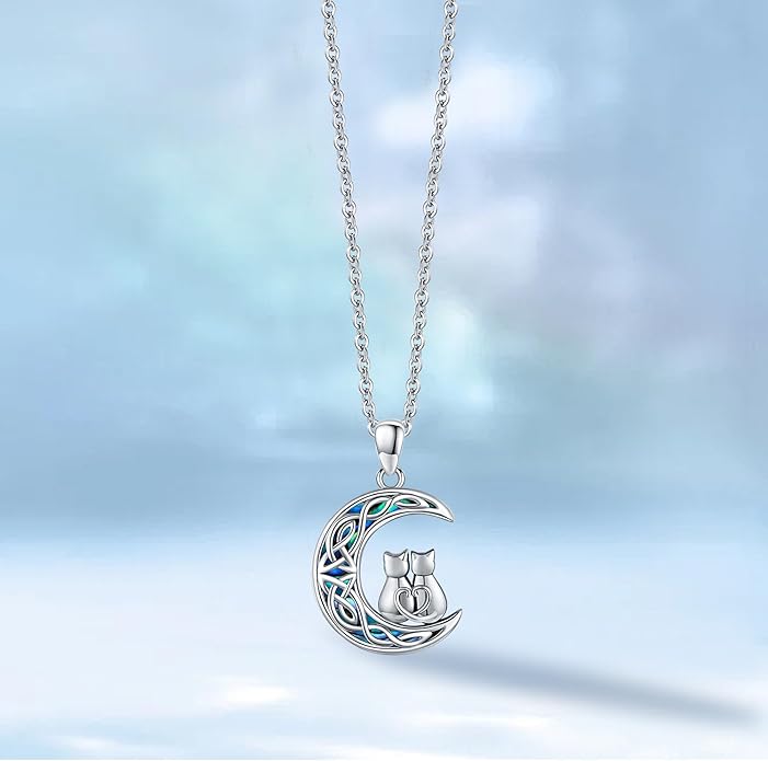 Odinstone Cat Necklace, S925 Sterling Silver Cat on Moon Pendant with Cubic Zirconia, Cat Jewelry Mothers Day Gifts for Mum with Gift Package - I Love You Forever