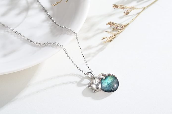 Natural Gemstone Cat Necklace for Women 925 Sterling Silver Cute Kitten Pendant with Genuine Turquoise/Rose Quartz/Amethyst/Larimar/Labradorite/Moss Agate/Blue Sandstone Jewelry Gifts