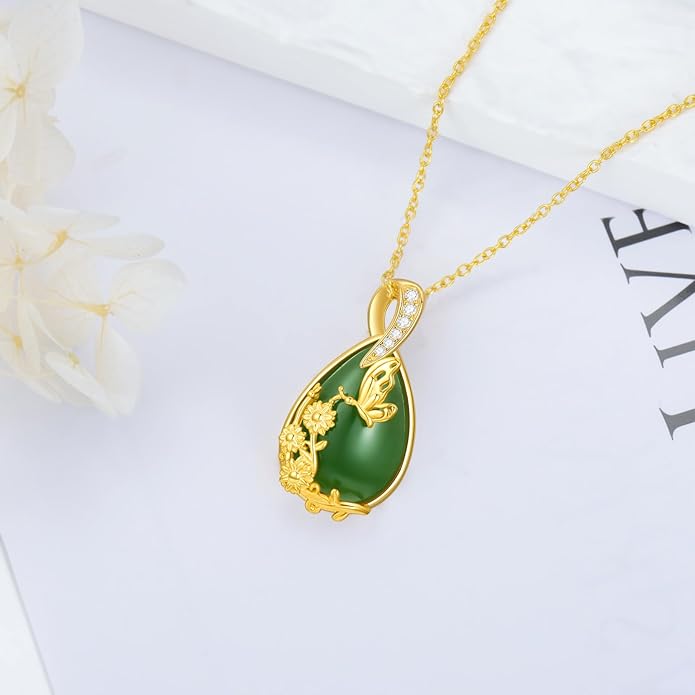 Green Jade Necklace Sterling Silver Teardrop Hummingbird/Dragonfly/Butterfly/Bee/Cat/Cardinal/Owl/Fox/Sloth Natural Jade Jewelry Birthday Mothers Day Christmas Gifts Women Mom Her