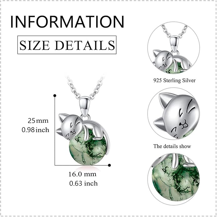 Natural Gemstone Cat Necklace for Women 925 Sterling Silver Cute Kitten Pendant with Genuine Turquoise/Rose Quartz/Amethyst/Larimar/Labradorite/Moss Agate/Blue Sandstone Jewelry Gifts