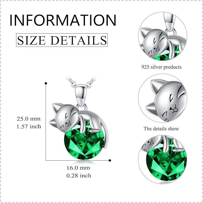LONAGO Cat Necklace with Birthstone 925 Sterling Silver Cat Pendant Necklace Gift for Women