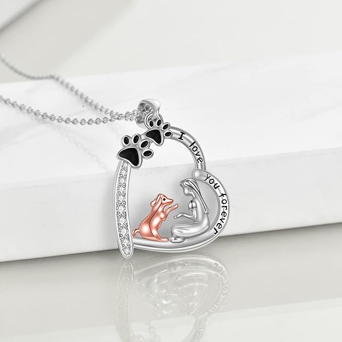 Dog Necklace Gifts for Her Women Dog Lover Sterling Silver Dog Love Heart Paw Puppy Birthday Jewelry GIfts