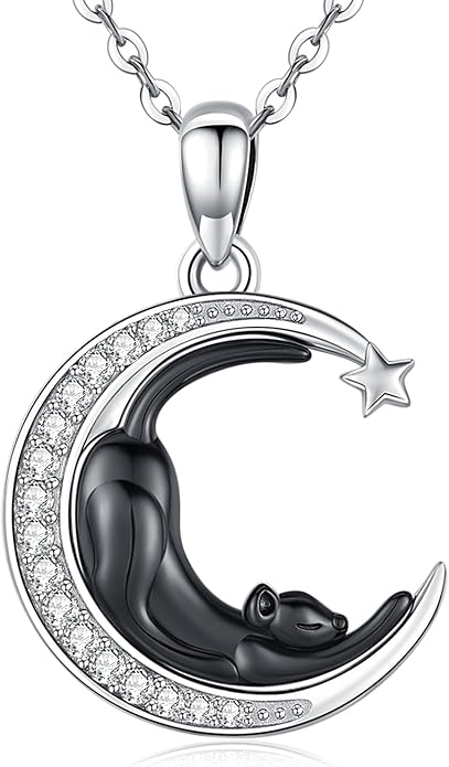 Odinstone Cat Necklace, S925 Sterling Silver Cat on Moon Pendant with Cubic Zirconia, Cat Jewelry Mothers Day Gifts for Mum with Gift Package - I Love You Forever
