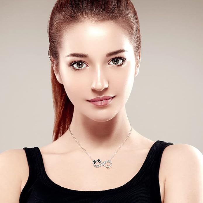 Dog Cat Paw Print Necklace for Women Sterling Silver Infinity Necklaces Memorial Gifts Black Puppy Paw Heart Crystal Pendant
