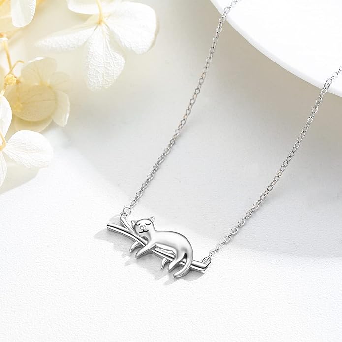 JUSTKIDSTOY Sterling Silver Cute Animal Pendant Necklace with Crystal Cat Pendant - Women's Cat Lovers Jewelry Gift