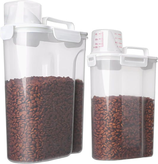 Dog Food Storage Container, 5-7 Lbs Airtight Pet Food Container, Cat food Container Dispenser with Portable Handle, Pouring Spout and Measuring Cup for Dogs Cats 2Pack White/6Qt