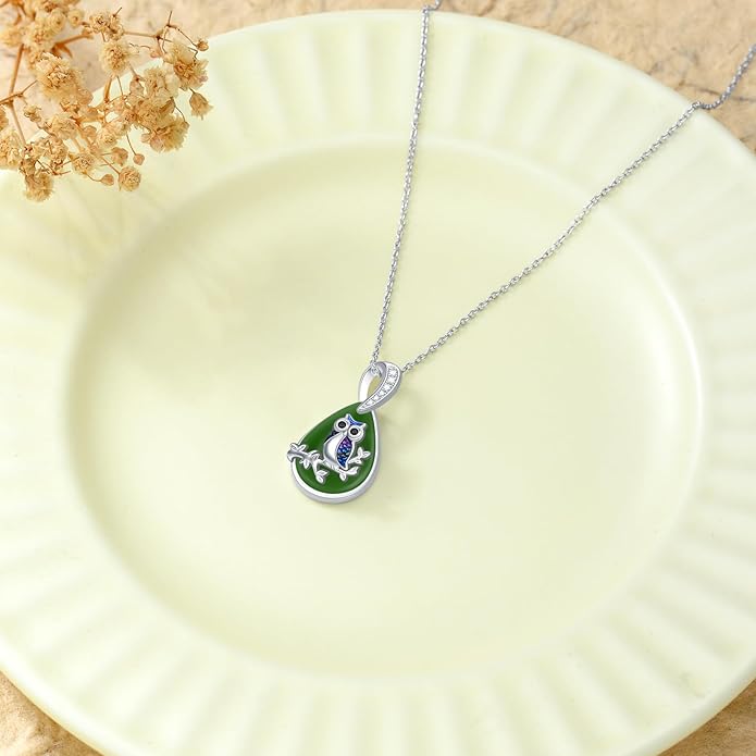 Green Jade Necklace Sterling Silver Teardrop Hummingbird/Dragonfly/Butterfly/Bee/Cat/Cardinal/Owl/Fox/Sloth Natural Jade Jewelry Birthday Mothers Day Christmas Gifts Women Mom Her