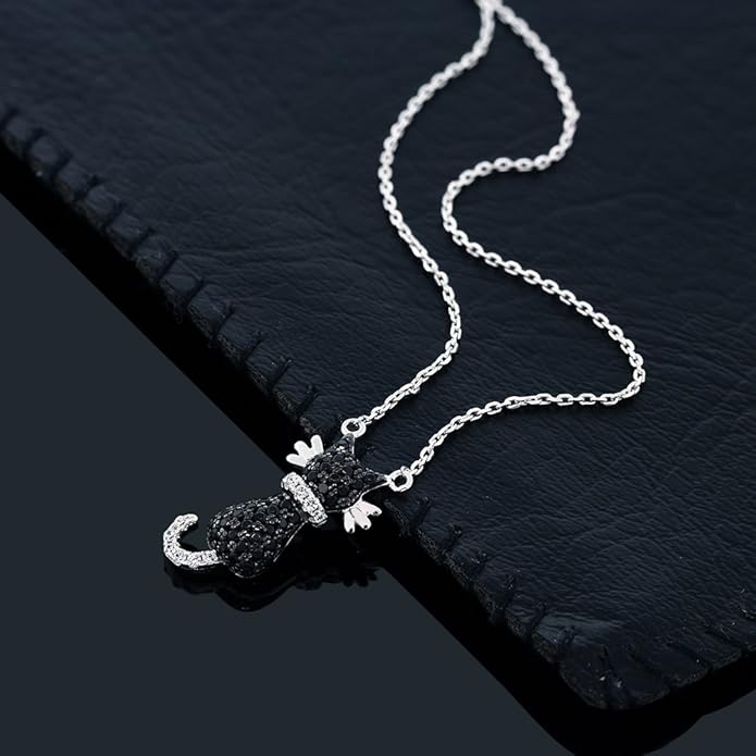 Gem Stone King 925 Sterling Silver Round Zirconia Sitting Black Cat Pendant Necklace For Women with 18 Inch Silver Chain