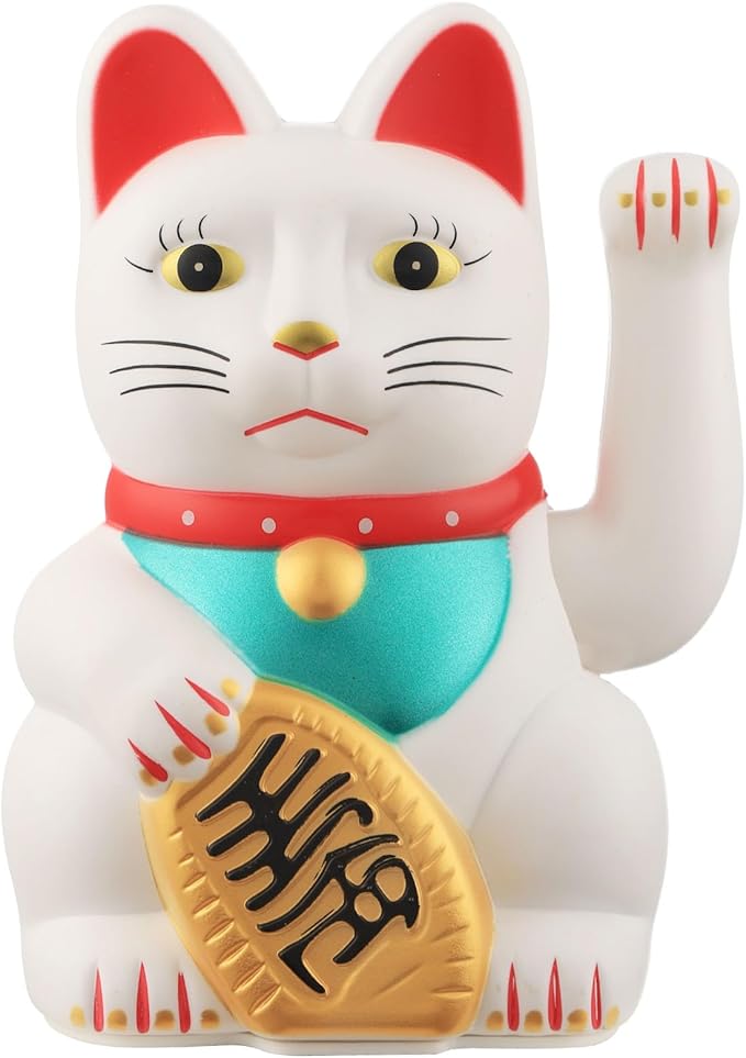 Maneki Neko Lucky Cat,Fengshui Cat- Waving Arm Battery Operated for Fortune Money and Good Luck (White, 6 in)