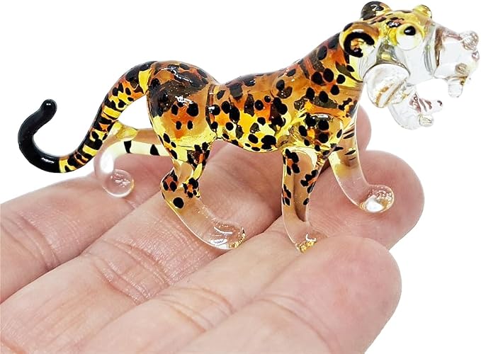 ChangThai Design Tiny 2½" Yellow Black Spotted Roaring Leopard Cheetah Jaguar Figurine - Miniature Hand Blown Glass Wild Cats Wildlife Felidae Animal Crystal Decorative Collectible Figures Décor Gifts