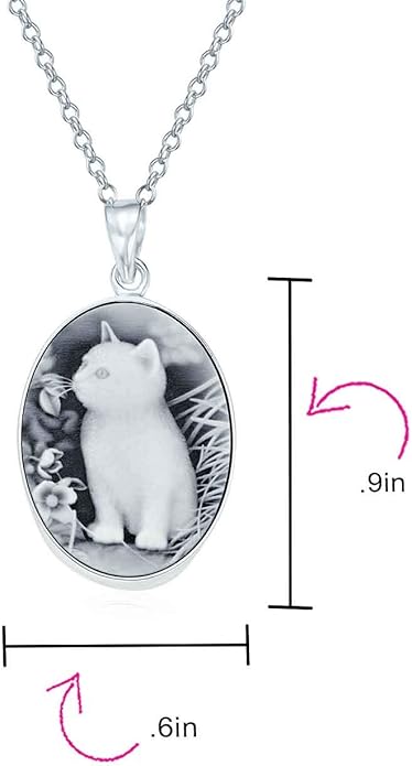 Personalized Custom Engraved Holds Picture Vintage Antique Style Simulated Black White Onyx Sitting Kitten Oval Cat Cameo Photo Locket Pendant Necklace For Women Teen .925 Sterling Silver