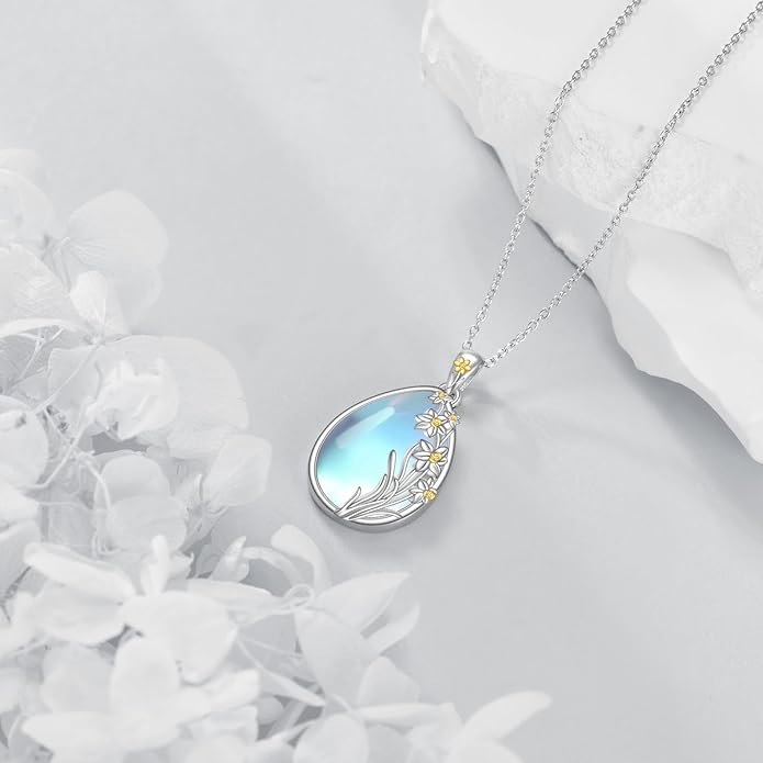 CRMAD Daisy/Black Cat/Dragonfly/Daffodil/Hummingbird/Stingray/Phoenix Feather/Rose Necklace Sterling Silver Moonstone Teardrop Pendant Necklace Flower Animal Jewelry Gifts for Women