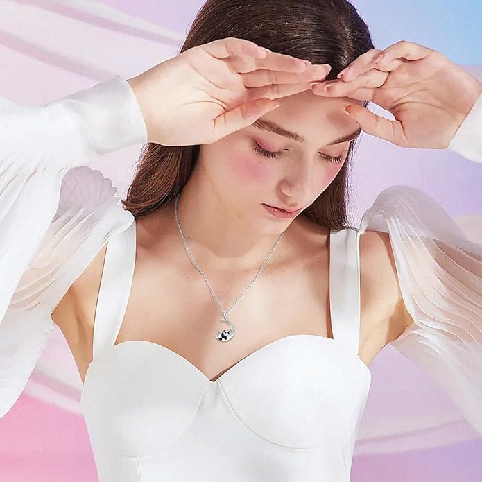 Diamond Black Cat/Red Panda/Sloth/Deer/Unicorn Necklace for Women 925 Sterling Silver Sleeping Animal and Moon Pendant with Lab Grown Diamonds Jewelry Gifts