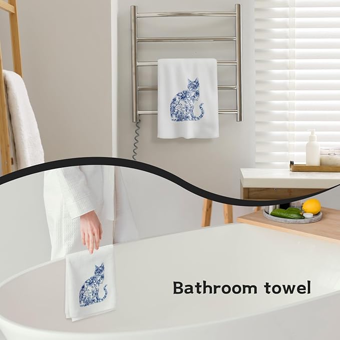 Chinoiserie Cat Kitchen Towels, Blue and White Grandmillennial Floral Cat Decorative Hand Towels for Bathroom, Cats Lover Mom Lady Gifts Dish Tea Towels for Kitchen, 16x24 Inch