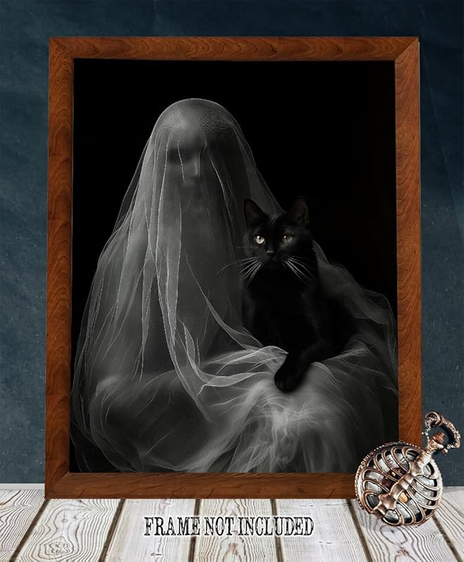 Ghost with a Black Cat Halloween Poster - Dark Academia Gothic Home Decor, Eerie Mystery Figure Art Print for Halloween Enthusiasts and Unique Wall Art Collectors (Unframed Print Poster, 18" x 24")