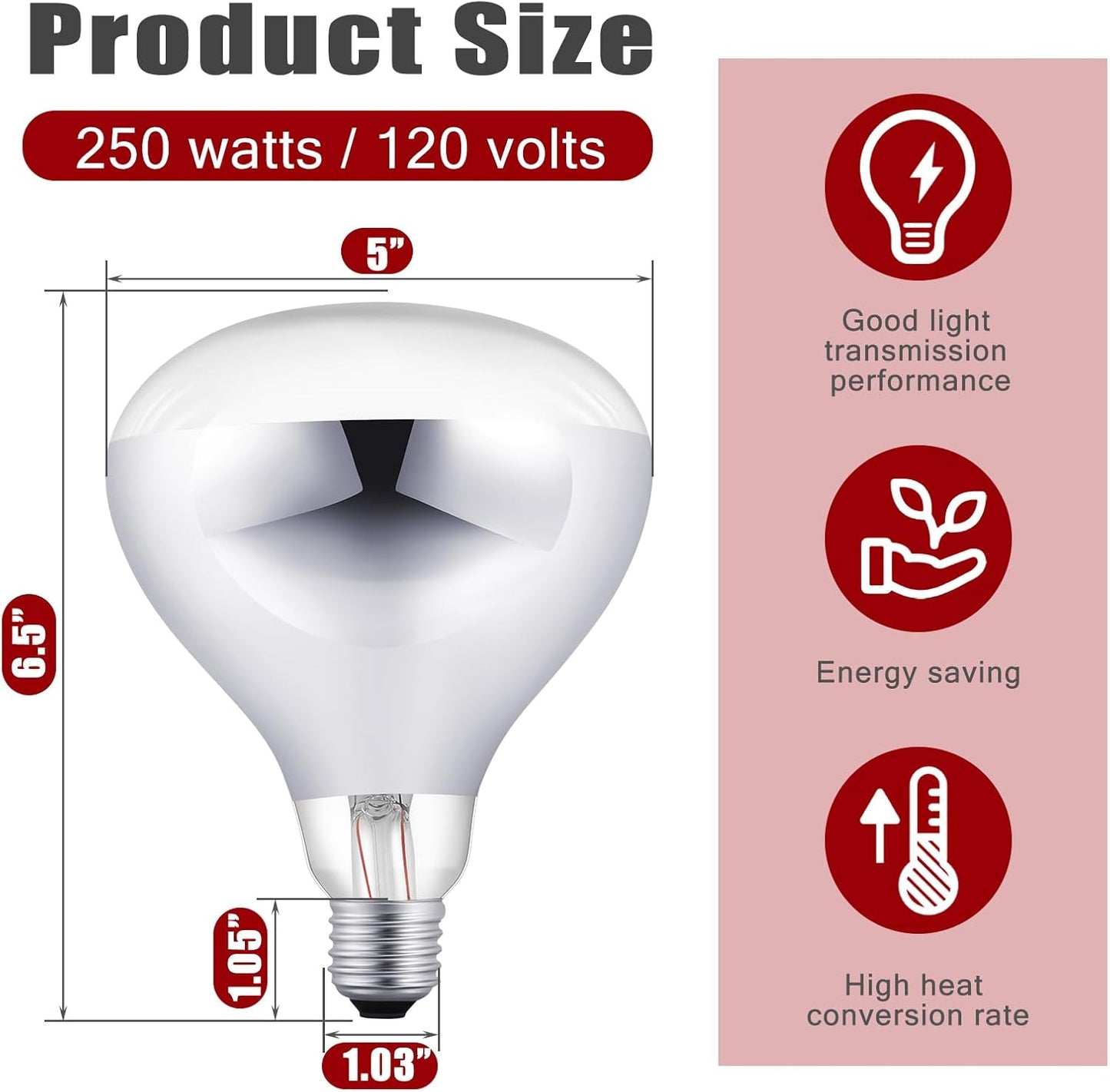 VIHOSE 4 Pack 250 Watt Heat Lamp 120v R40 Heat Lamp Bulbs Glass Incandescent Light Bulbs Incandescent Heating Lightbulbs for Reptiles Chicks Food Puppies Bathroom, Use E26 Base (Silver,Red)