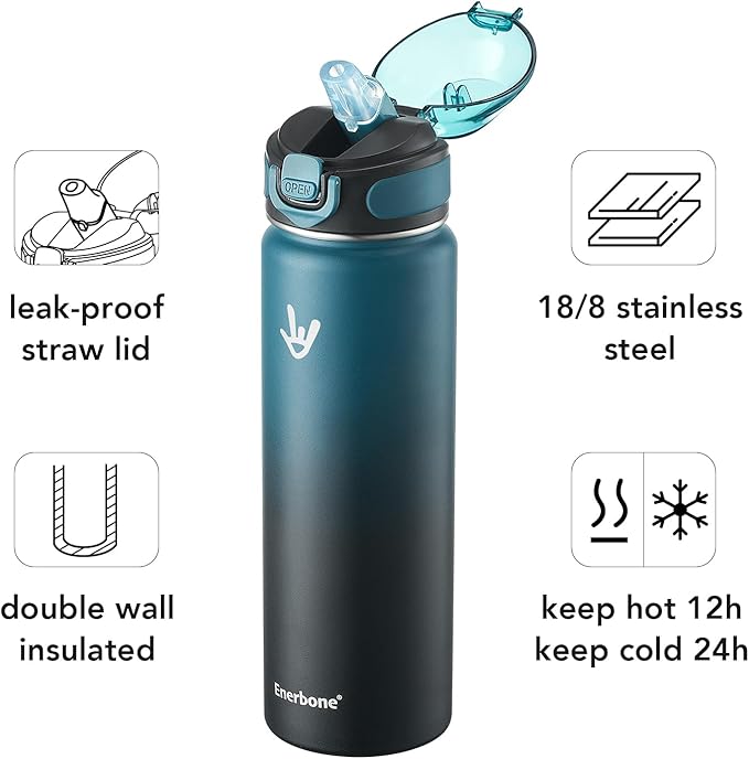Enerbone 24 oz Insulated Water Bottle, Stainless Steel Bottle with Carrying Strap, Double-Wall Vacuum Insulation Design, Leakproof Sports Bottle with Straw, Keep Drinks Cold or Hot for Hours
