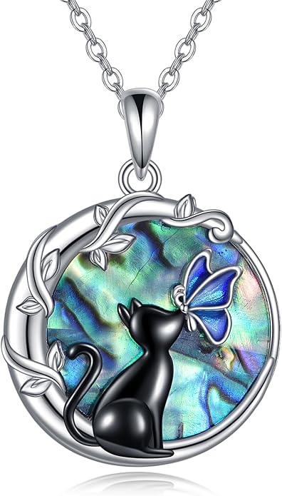TIGER RIDER Moon Cat Necklace 925 Sterling Silver Blue Butterfly Black Jewelry Gifts Birthday Christmas Gifts for Women Wife Cat Lovers