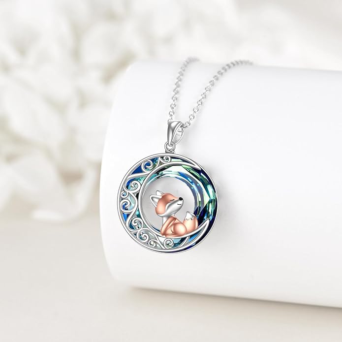 925 Sterling Silver Celtic Crescent Moon Animal Necklace for Women Fox/Black Cat/Hummingbird Crystal/Abalone Shell Pendant Jewelry Gift for Mom Daughter