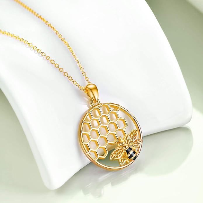 LUHE Bee Necklace 925 Sterling Silver Honeycomb Cute Flower Pendant Necklaces for Women Gifts for Her Women