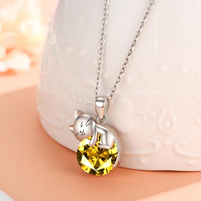LONAGO Cat Necklace with Birthstone 925 Sterling Silver Cat Pendant Necklace Gift for Women
