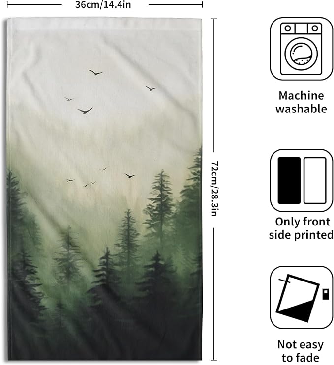 Green Misty Forest Hand Towels Set of 2 Mountain Woodland Soft Guest Face Bath Towel Bathroom Decorations Thin Kitchen Tea Dish Towels