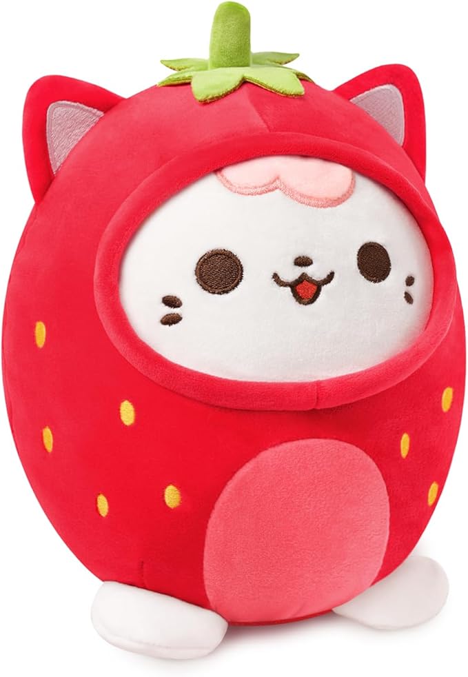 PEACH CAT Strawberry Cat Plush Pillow Cute Strawberry Kitten Stuffed Animal Cat plushie with Strawberry Outerwear for Kids Red 8"