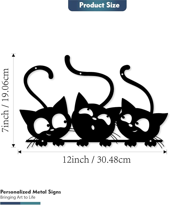 Three Black Cat Wall Art, Metal Cat Wall Decor, Black Cat Wall Sculpture For Cats Lover, Minimalist Room Living Room Patio Wall DéCor (Length:12 Inches)
