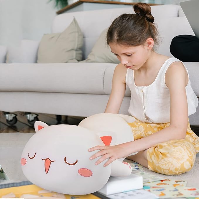 FUYU Cat Stuffed Animals, Soft Cat Plush Pillow Kawaii Kitten Stuffed Animal Toy Gifts for Kids Boys Girls Room Decor (White Squinted Eyes,35in/87)
