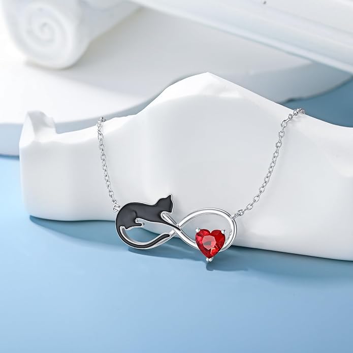 Natural Garnet Black Cat Necklace for Women 925 Sterling Silver Infinity and Cat Pendant Black Cat Jewelry Gifts for Cat Lovers