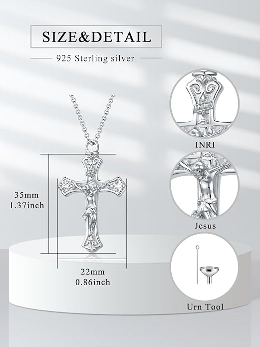 Cross Urn Necklace for Ashes 925 Sterling Silver Cremation Jewelry with Funnel Filler Kit Ashes Necklace for Human Women Girl Pets