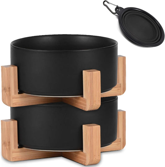 Petygooing Ceramic Black Cat Dog Bowl Set with Stand,Small Dog Bowls, Pet Food and Water Dish, Anti Slip Set of 2 Cat Bowl-Pet Food Dishes- Pet Bowls Small Size Pet (13.5OZ/5.1 in)