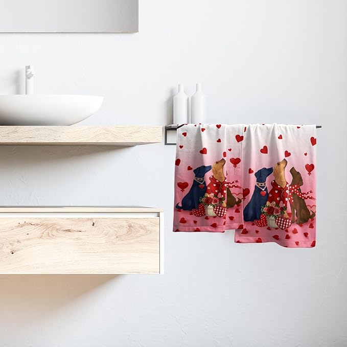 Giwawa Valentine Dog Hand Towels Set of 2 Romantic Love Soft Microfiber Absorbent Fingertip Face Towels for Bathroom Home Kitchen Hotel Spa