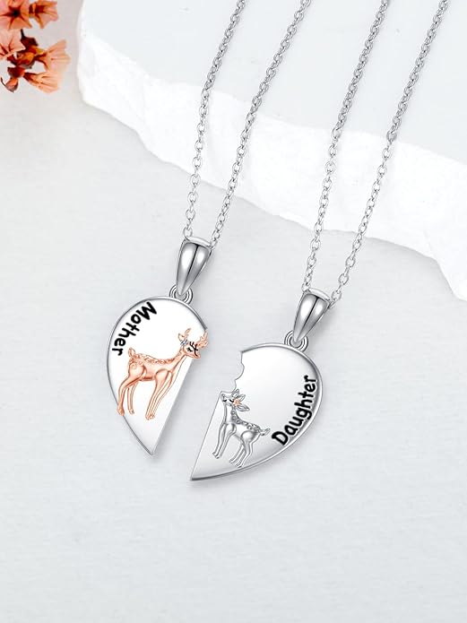 OCJ Mother Daughter Matching Necklaces 925 Sterling Silver Animals Matching Necklace for Mom Daughter 2 Pcs Matching Heart Pendant Birthday Mothers Day Gifts for Mom and Daughter