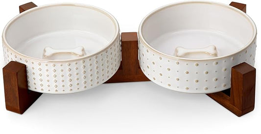 MALACASA Dog Bowl Set with Walnut Wood Stand, 1.5 Cups Ceramic Pet Bowls for Puppy Dogs, Dual Food and Water Bowls with Weighted Non-Slip Base, Basic Bowls for Your Dog or Cat, Rhombic & Polka Dots
