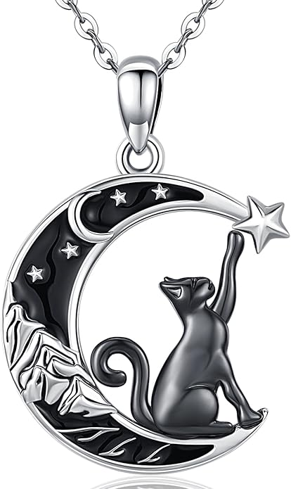 Odinstone Cat Necklace, S925 Sterling Silver Cat on Moon Pendant with Cubic Zirconia, Cat Jewelry Mothers Day Gifts for Mum with Gift Package - I Love You Forever
