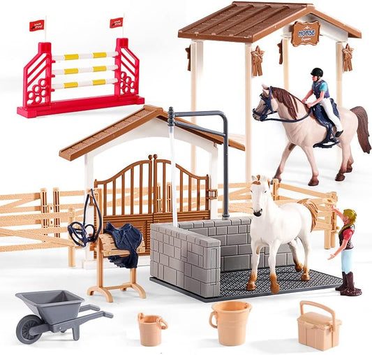 Peagrav Horse Stable Playset with Rider & Horses - Toy Figures for Boys & Girls, Ages 3-8