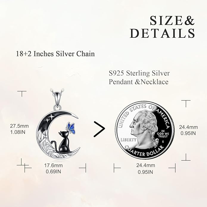 TIGER RIDER Moon Cat Necklace 925 Sterling Silver Blue Butterfly Black Jewelry Gifts Birthday Christmas Gifts for Women Wife Cat Lovers