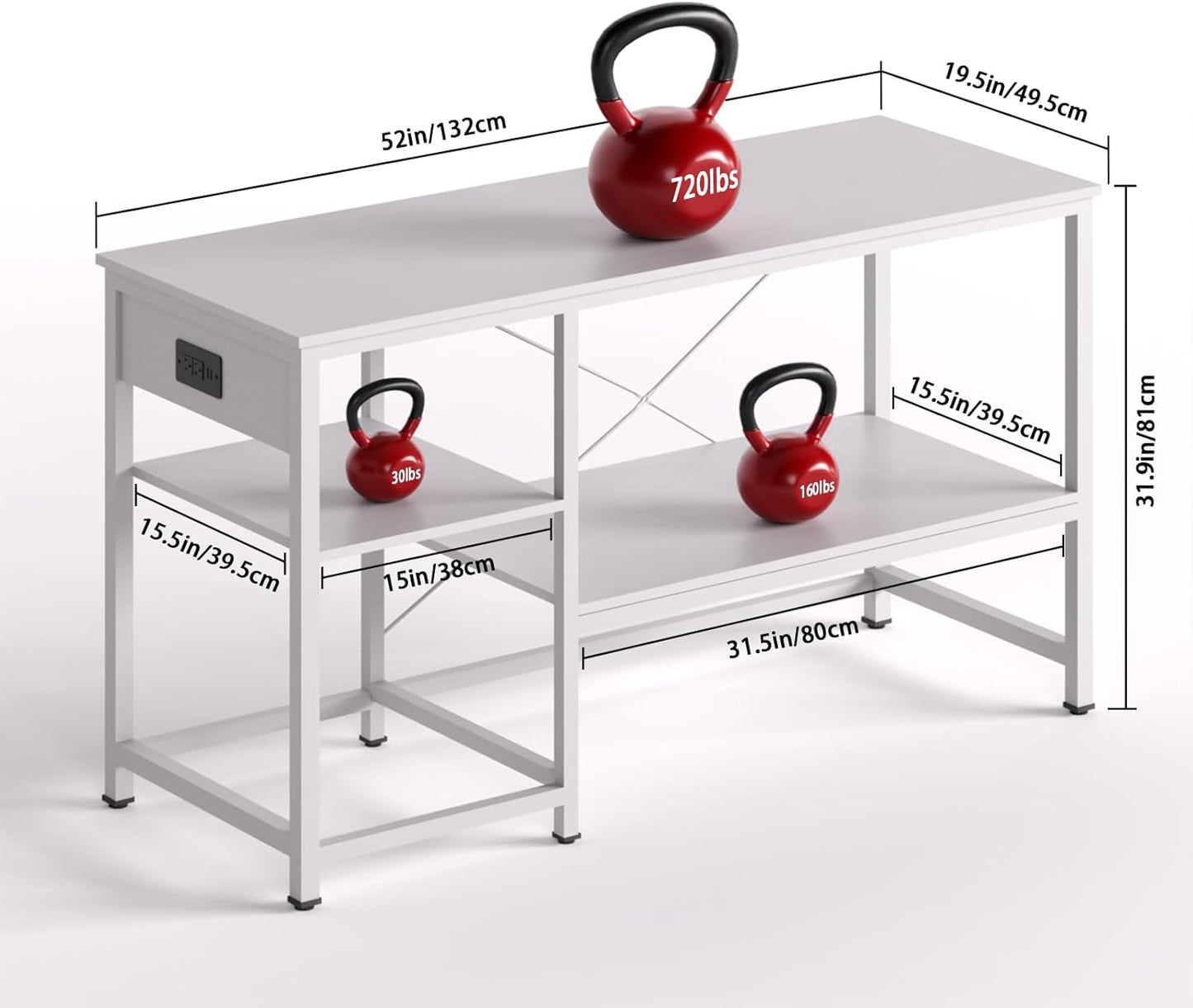 50-75 Gallon Fish Tank Stand with Power Outlet & LED Light, Metal Aquarium Stand with 3 Tier Adjustable Storage Shelves, Tank Stand for Reptile Tank, Turtle Tank, 52" L*19.5" W, White