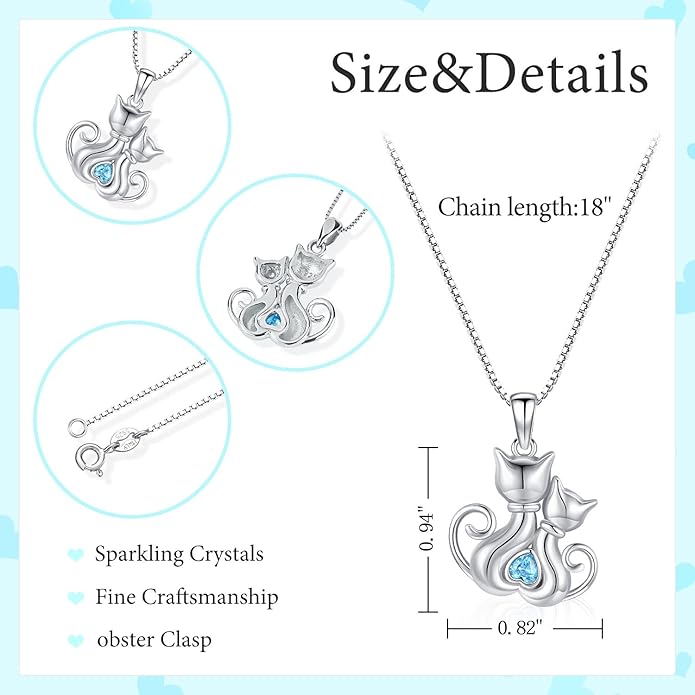 Odinstone Cat Necklace, S925 Sterling Silver Cat on Moon Pendant with Cubic Zirconia, Cat Jewelry Mothers Day Gifts for Mum with Gift Package - I Love You Forever