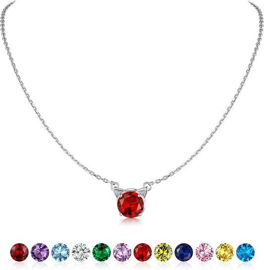 SILVERCUTE Sterling Silver Birthstone Necklace for Women,Dainty Silver Pendant Necklace with Round Cubic Zirconia,16"-18"