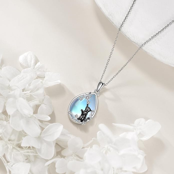LUHE Moonstone Necklace 925 Sterling Silver Fox/Axolotl/Cat/Raccoon/Penguin/Frog/Panda/Highland Cow Pendant Necklace Animal Jewelry Gifts for Women