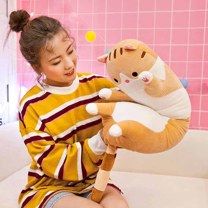 Long Yellow Cat Plush Pillow Toy Sleeping Pillow Cute Cartoon Cat Stuffed Animals Soft Long Body Pillow Gift for Kids (27.55in)