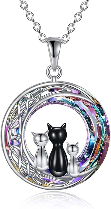 MONGAS Cat Necklace Sterling Silver Sister Pendant Necklace Black Cats Jewelry Gifts Cat Lover Woman Sisters